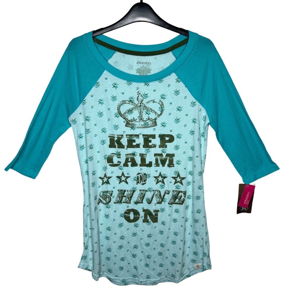 Xhilaration Teal Mint Green Keep Calm and Shine On Raglan Sleep Tee NWT Medium